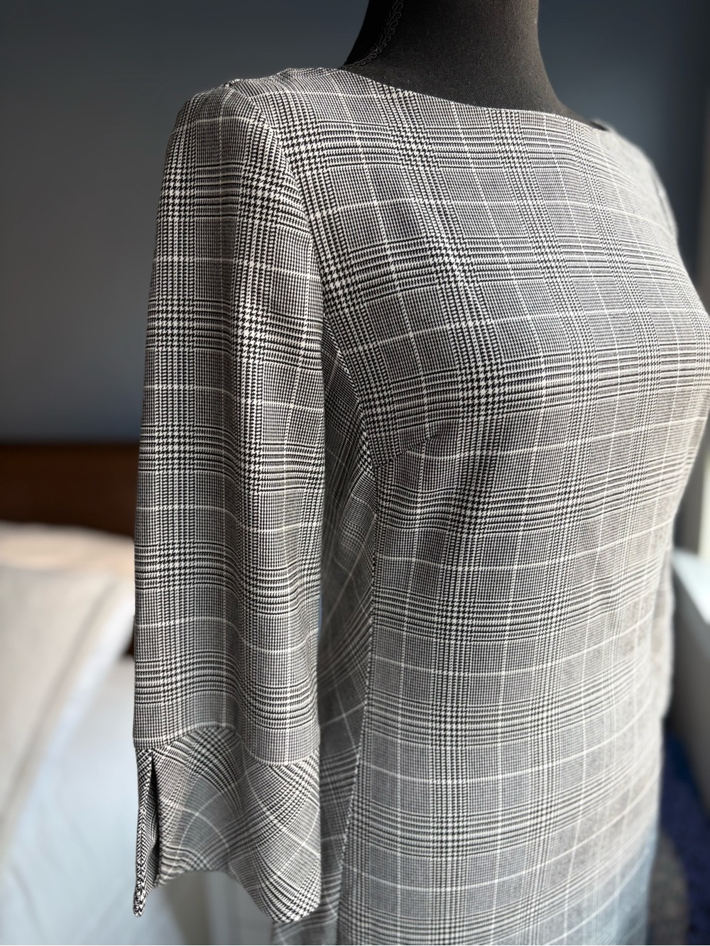 H&M Glen Check Plaid Houndstooth Ballet Neck 3/4 Sleeve A-Line Shift Mini Dress - Picture 10 of 15